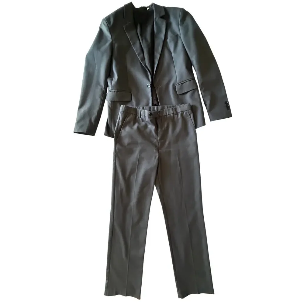 Boys’ Charcoal 2-Piece Suit Set (Blazer + Pants) – Polyester/Rayon – Size 12-14Y